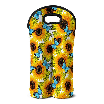 Blue Butterfly Sunflower Pattern Print Double Neoprene Wine Tote