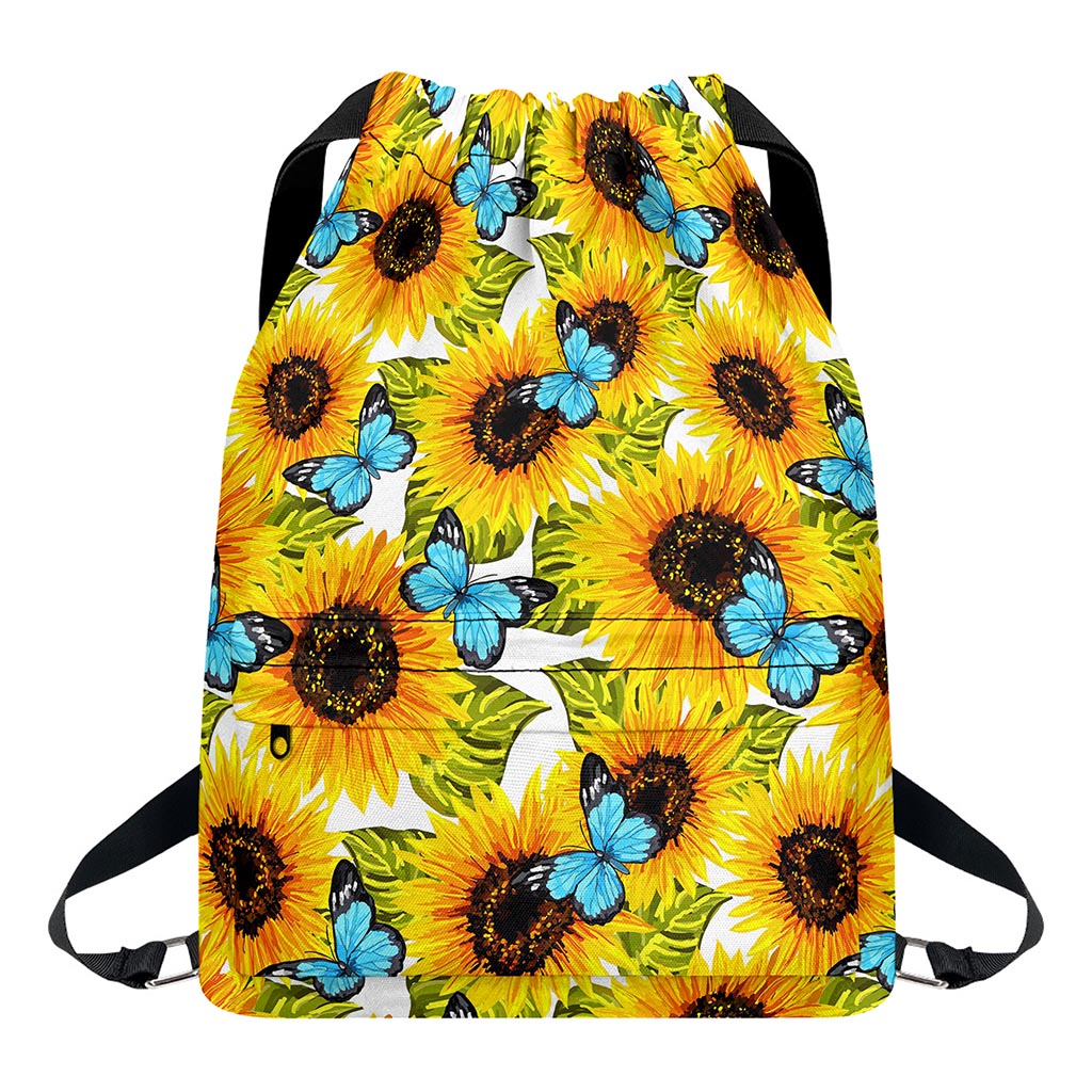 Blue Butterfly Sunflower Pattern Print Drawstring Backpack