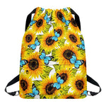 Blue Butterfly Sunflower Pattern Print Drawstring Backpack