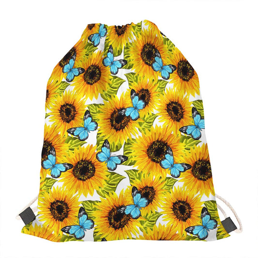Blue Butterfly Sunflower Pattern Print Drawstring Bag