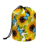 Blue Butterfly Sunflower Pattern Print Drawstring Makeup Bag