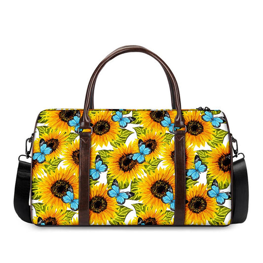 Blue Butterfly Sunflower Pattern Print Duffle Bag