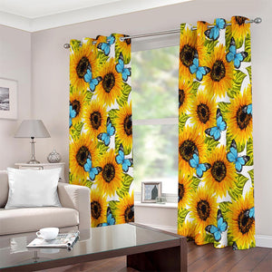 Blue Butterfly Sunflower Pattern Print Extra Wide Grommet Curtains