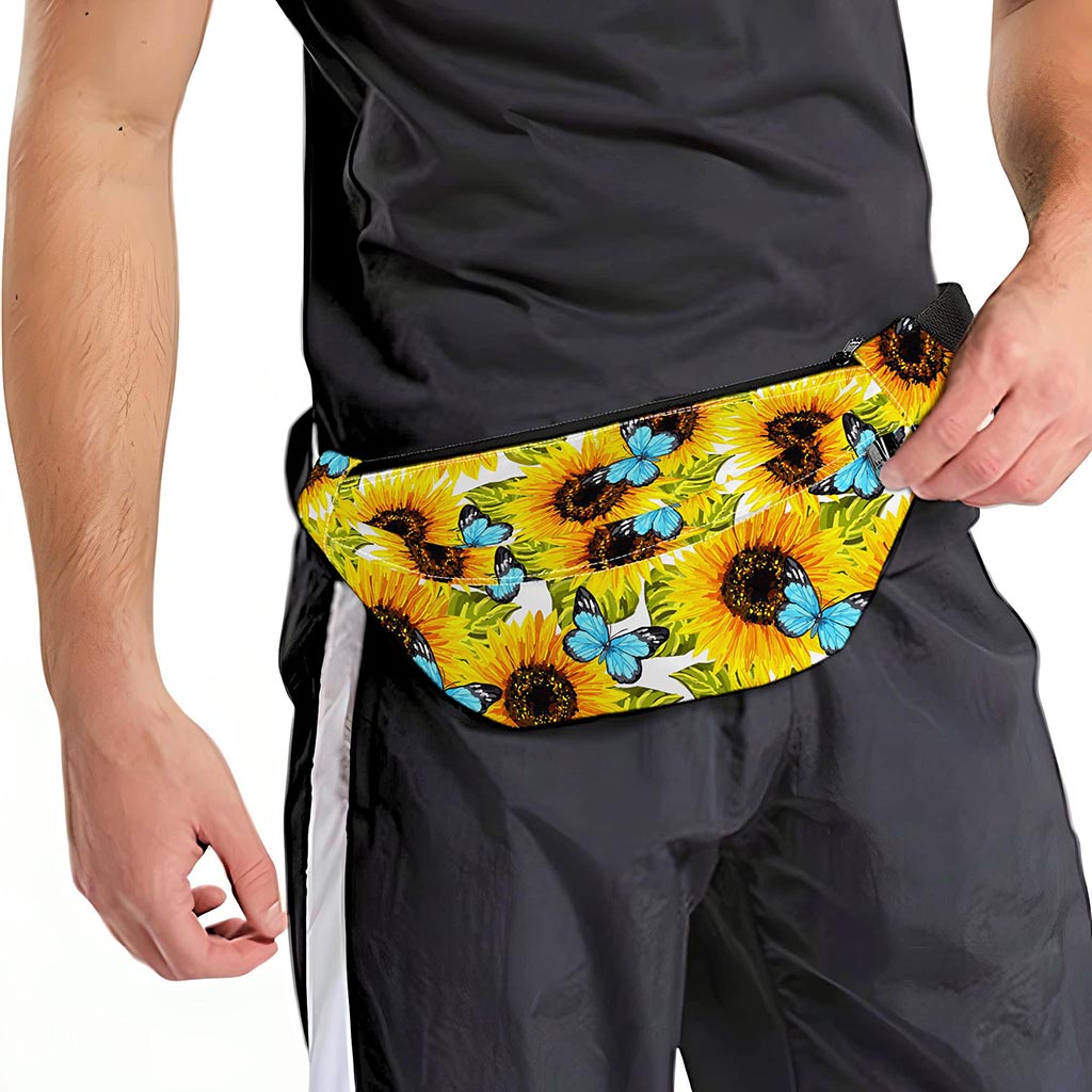 Blue Butterfly Sunflower Pattern Print Fanny Pack