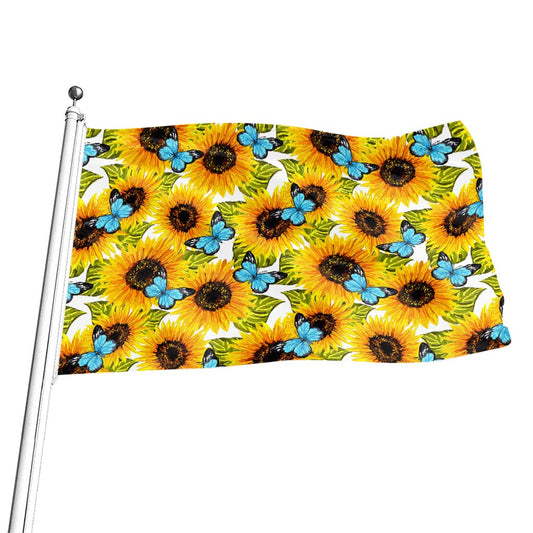 Blue Butterfly Sunflower Pattern Print Flag