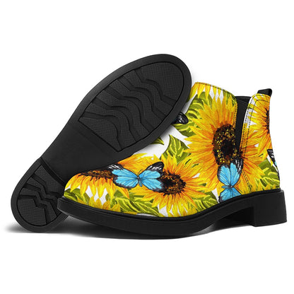 Blue Butterfly Sunflower Pattern Print Flat Ankle Boots