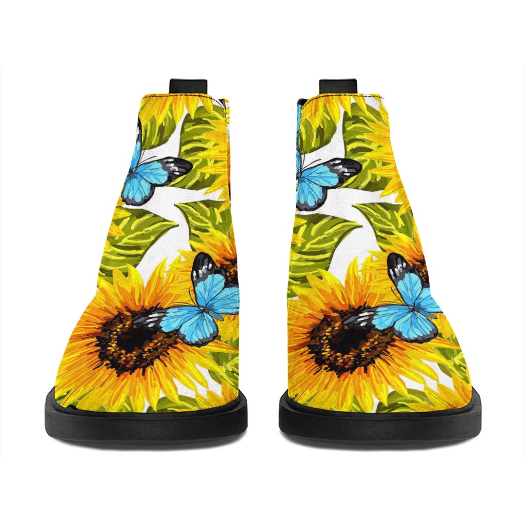 Blue Butterfly Sunflower Pattern Print Flat Ankle Boots