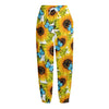 Blue Butterfly Sunflower Pattern Print Fleece Lined Knit Pants