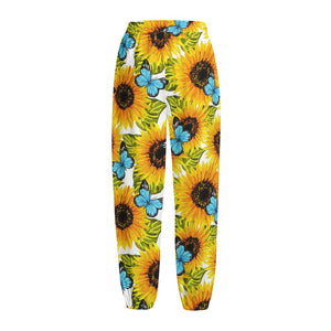 Blue Butterfly Sunflower Pattern Print Fleece Lined Knit Pants