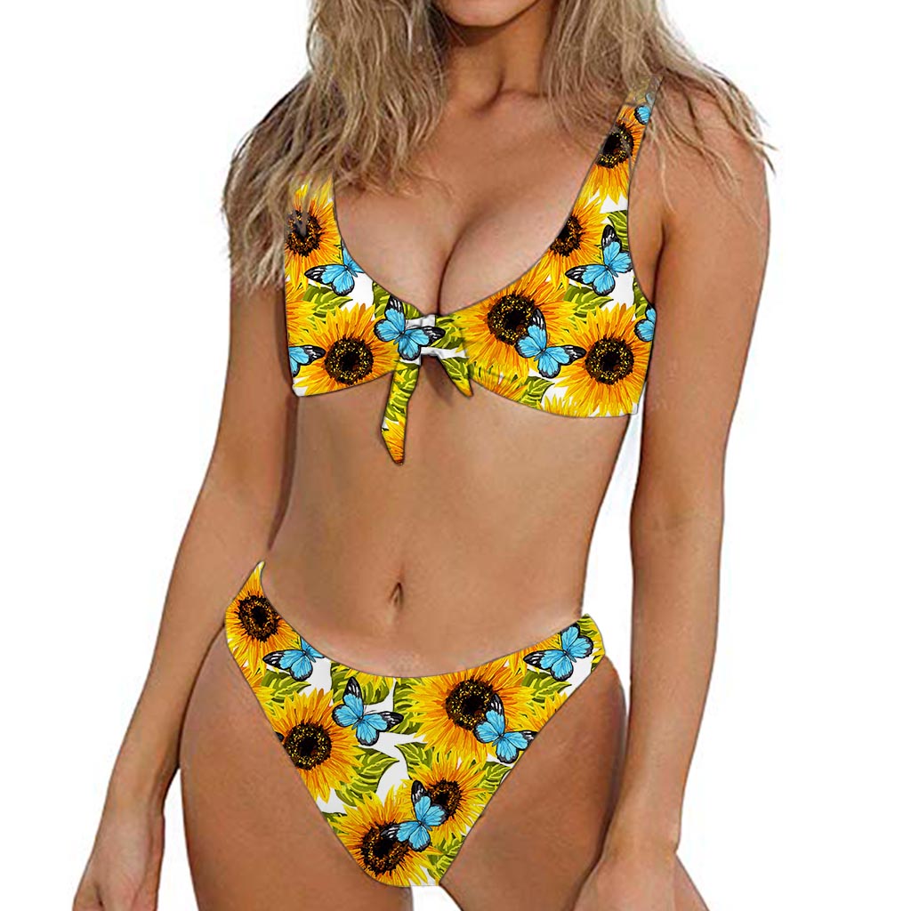 Blue Butterfly Sunflower Pattern Print Front Bow Tie Bikini