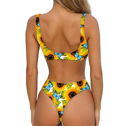 Blue Butterfly Sunflower Pattern Print Front Bow Tie Bikini