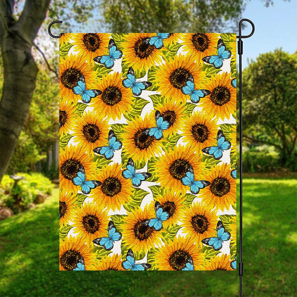 Blue Butterfly Sunflower Pattern Print Garden Flag