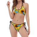 Blue Butterfly Sunflower Pattern Print Halter Scoop Tie Side Bikini