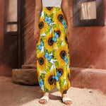 Blue Butterfly Sunflower Pattern Print Harem Pants