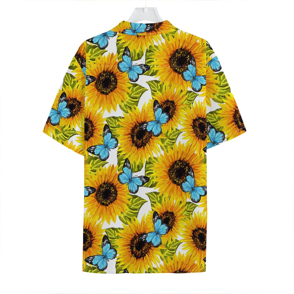 Blue Butterfly Sunflower Pattern Print Hawaiian Shirt