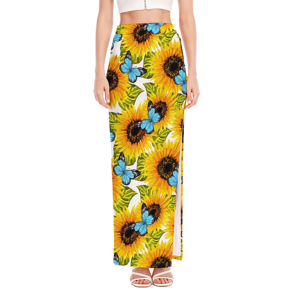 Blue Butterfly Sunflower Pattern Print High Slit Maxi Skirt