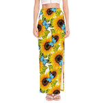 Blue Butterfly Sunflower Pattern Print High Slit Maxi Skirt