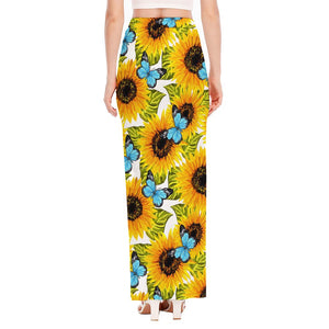 Blue Butterfly Sunflower Pattern Print High Slit Maxi Skirt