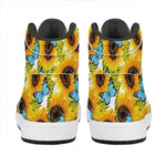 Blue Butterfly Sunflower Pattern Print High Top Leather Sneakers