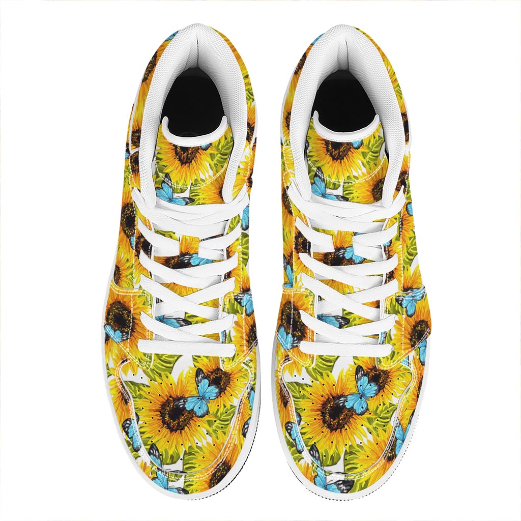Blue Butterfly Sunflower Pattern Print High Top Leather Sneakers