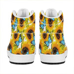 Blue Butterfly Sunflower Pattern Print High Top Leather Sneakers