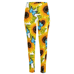 Blue Butterfly Sunflower Pattern Print High-Waisted Pocket Leggings