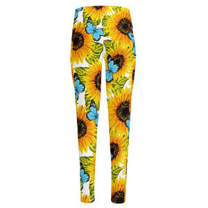 Blue Butterfly Sunflower Pattern Print High-Waisted Pocket Leggings