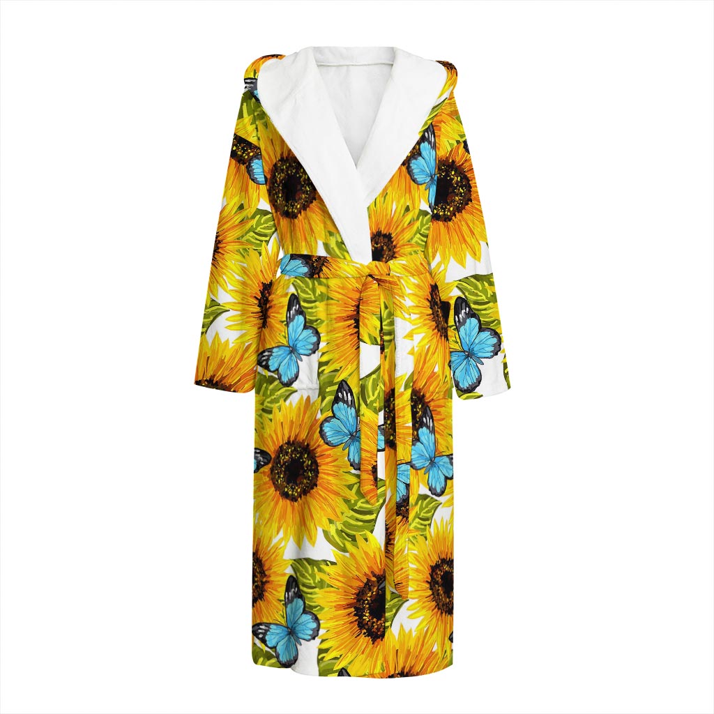 Blue Butterfly Sunflower Pattern Print Hooded Bathrobe