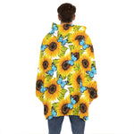 Blue Butterfly Sunflower Pattern Print Hoodie Blanket