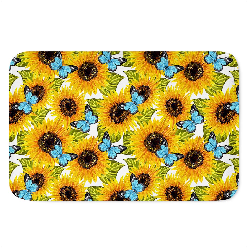 Blue Butterfly Sunflower Pattern Print Indoor Door Mat