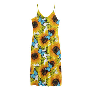 Blue Butterfly Sunflower Pattern Print Jersey Midi Cami Dress