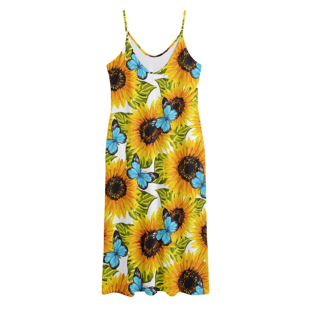 Blue Butterfly Sunflower Pattern Print Jersey Midi Cami Dress