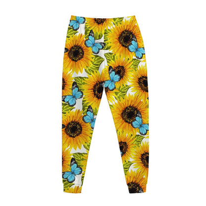 Blue Butterfly Sunflower Pattern Print Jogger Pants