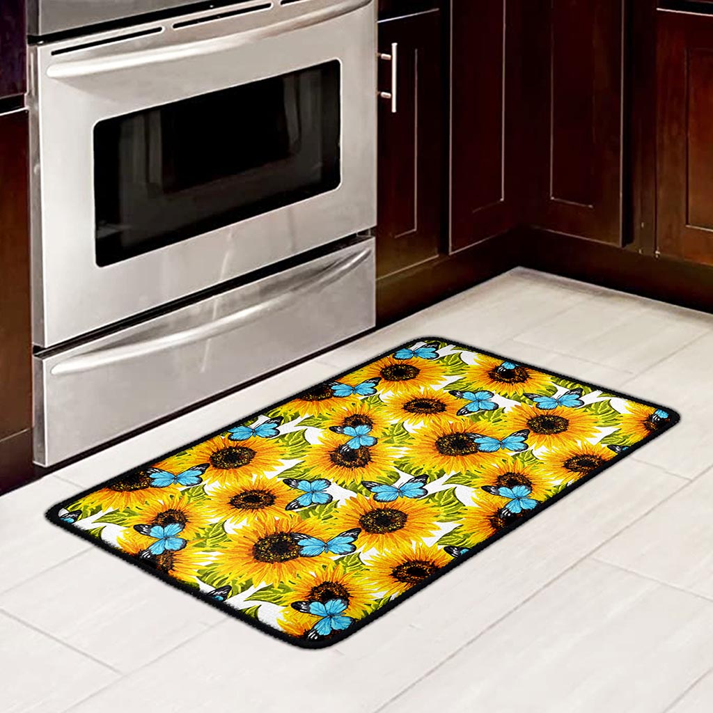 Blue Butterfly Sunflower Pattern Print Kitchen Mat