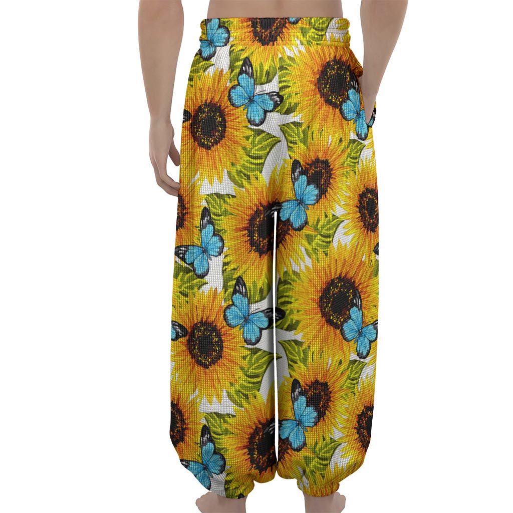 Blue Butterfly Sunflower Pattern Print Lantern Pants