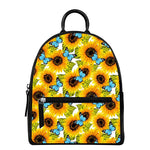 Blue Butterfly Sunflower Pattern Print Leather Backpack