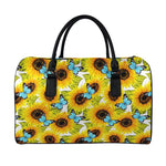 Blue Butterfly Sunflower Pattern Print Leather Duffle Bag