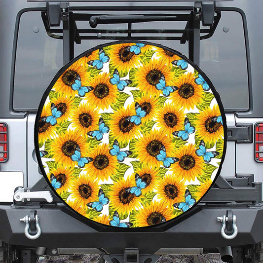 Blue Butterfly Sunflower Pattern Print Leather Spare Tire Cover