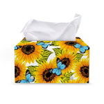 Blue Butterfly Sunflower Pattern Print Leather Tissue Box Cover