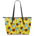 Blue Butterfly Sunflower Pattern Print Leather Tote Bag With Zipper