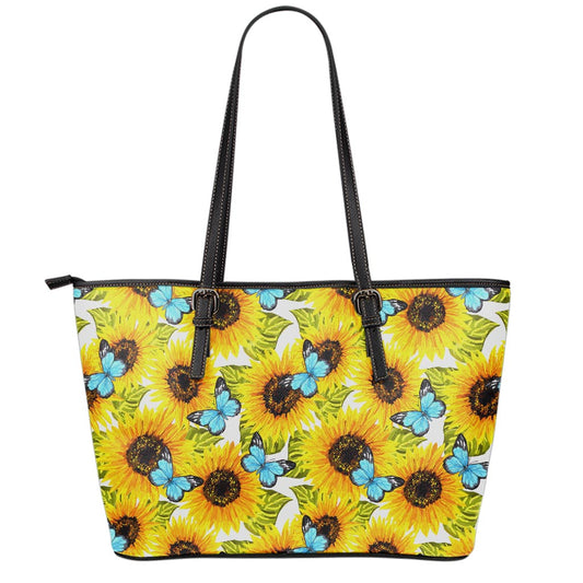 Blue Butterfly Sunflower Pattern Print Leather Tote Bag