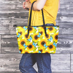 Blue Butterfly Sunflower Pattern Print Leather Tote Bag