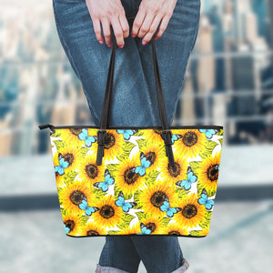 Blue Butterfly Sunflower Pattern Print Leather Tote Bag