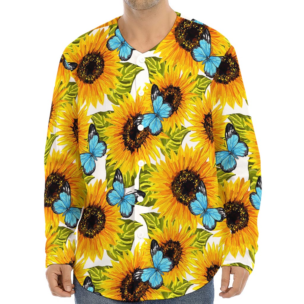 Blue Butterfly Sunflower Pattern Print Long Sleeve Baseball Jersey