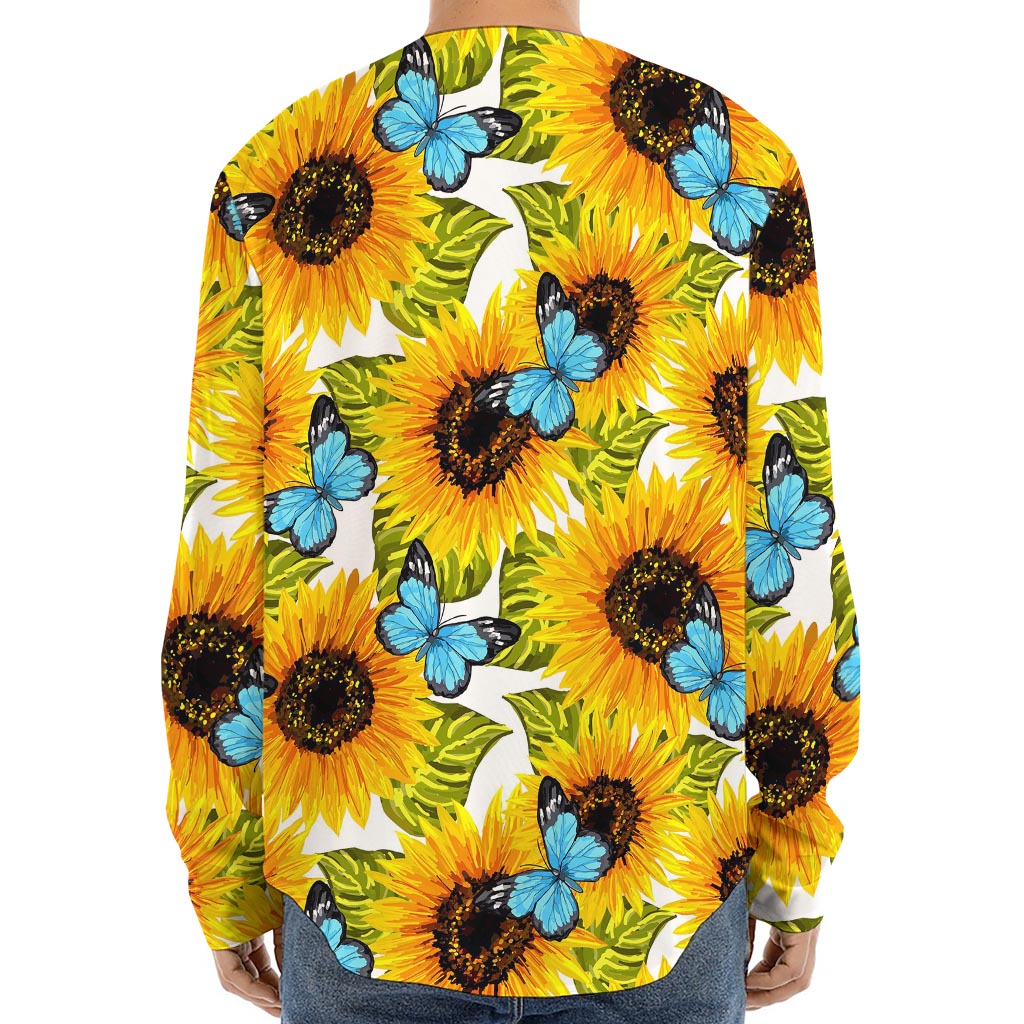 Blue Butterfly Sunflower Pattern Print Long Sleeve Baseball Jersey