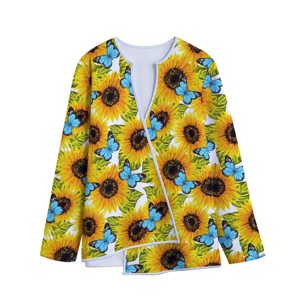 Blue Butterfly Sunflower Pattern Print Long Sleeve Short Coat