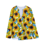 Blue Butterfly Sunflower Pattern Print Long Sleeve Short Coat