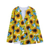 Blue Butterfly Sunflower Pattern Print Long Sleeve Short Coat