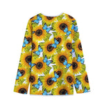 Blue Butterfly Sunflower Pattern Print Long Sleeve Short Coat