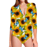 Blue Butterfly Sunflower Pattern Print Long Sleeve Swimsuit